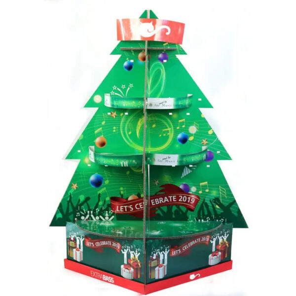 Christmas Tree Corrugated Retail Display Stand with Shelves