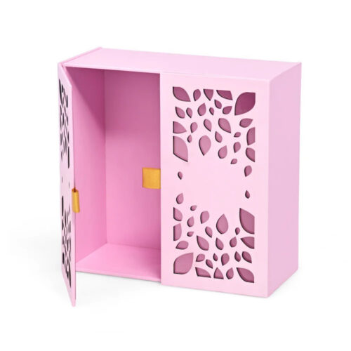 Pink Double Door Rigid Gift Box with Laser-Cut Leaf Lids